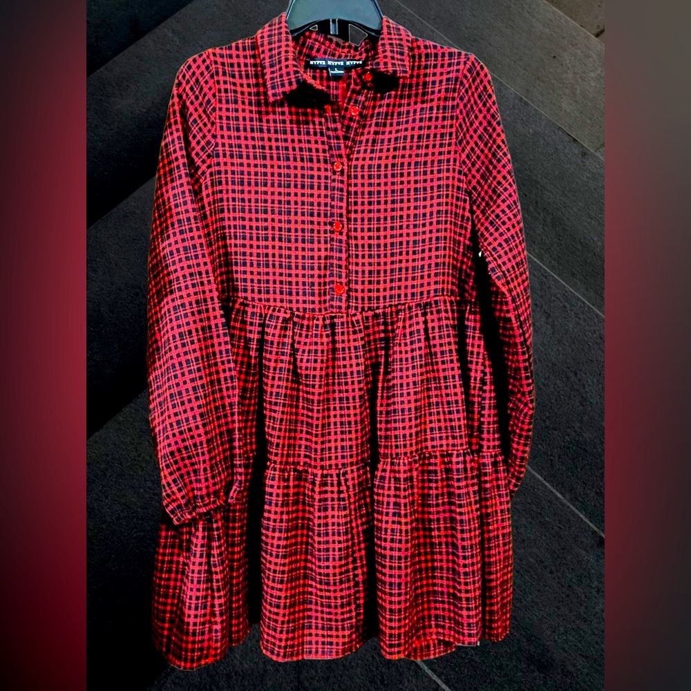 HYFVE HYFVE HYFVE red & black plaid mini dress/Top gathered sleeve-GREAT Dress